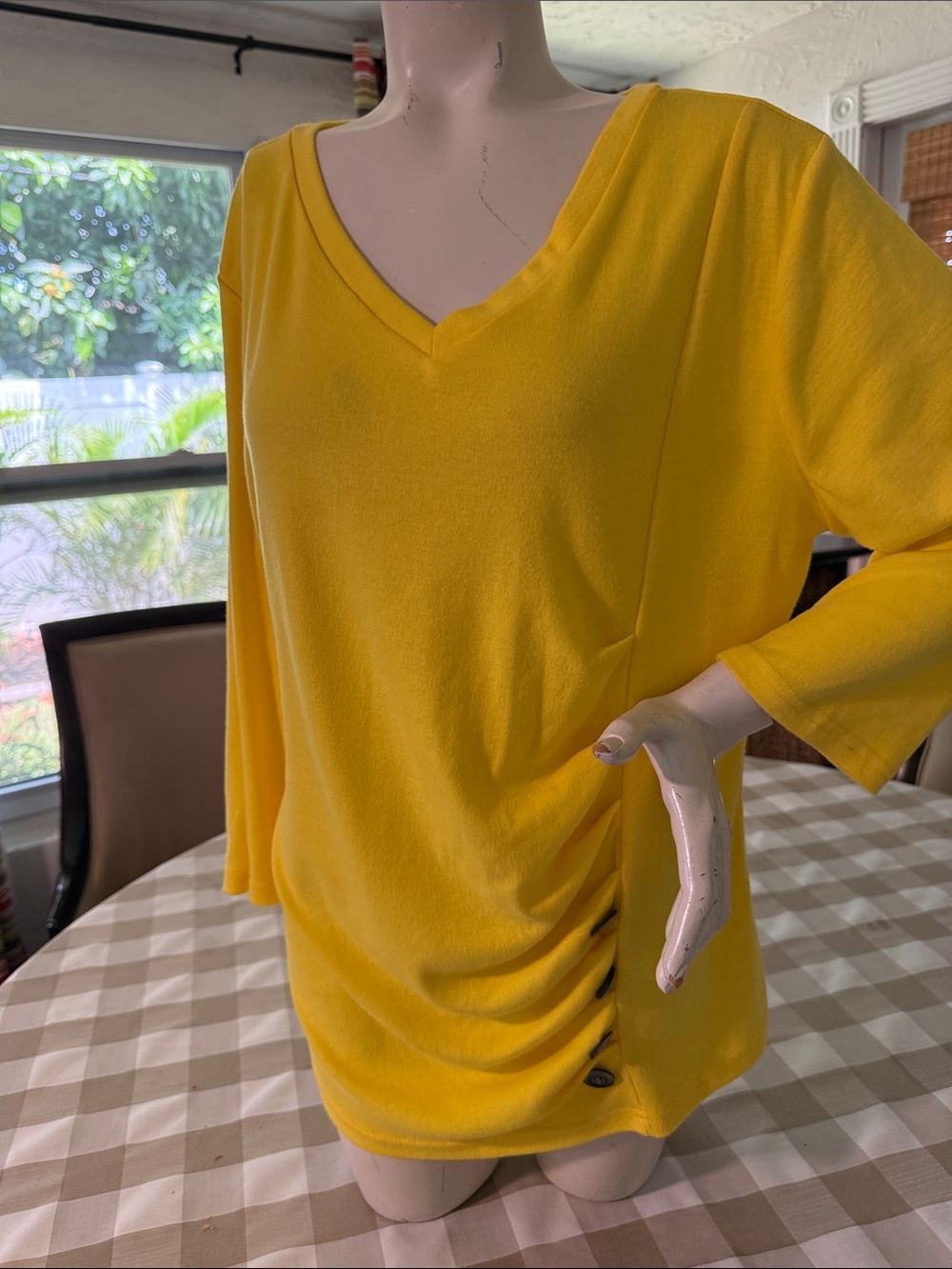 Women’s V-Neck Yellow Ruched Side lightweight sweater